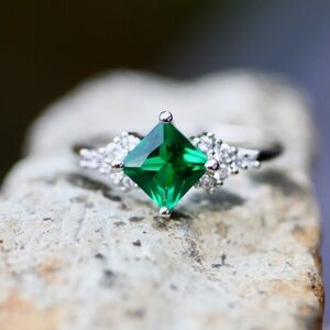 New Princess Cut Emerald Ring Handcrafted Sterling Silver 925 , May Birthstone